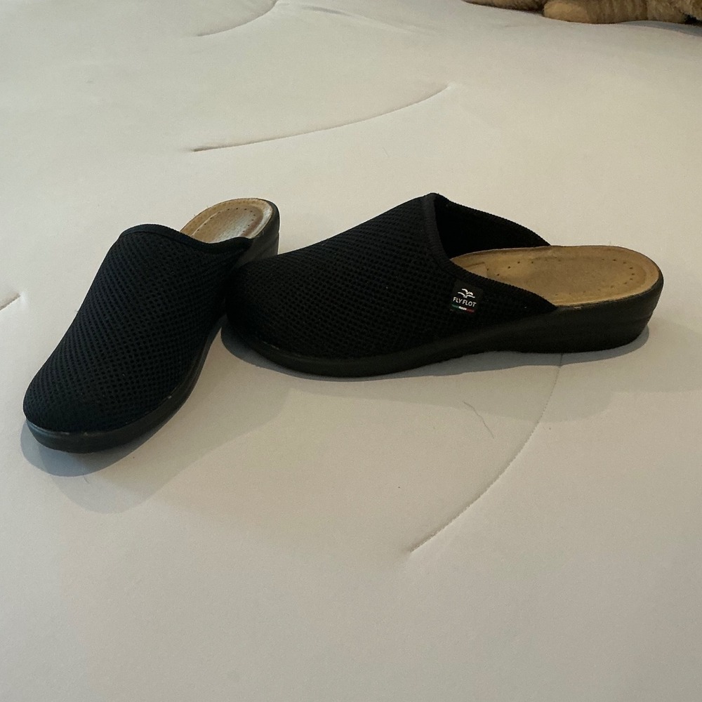 Fly Flot Black Mesh Comfort Clogs Italian Made Slip On Mules Women Size 8.5 39
